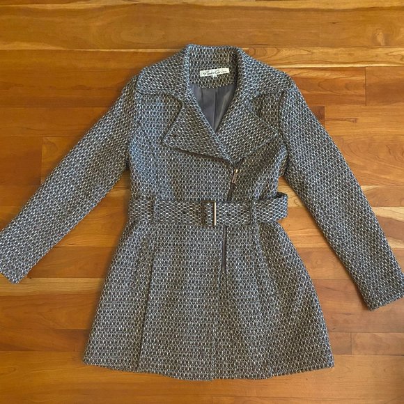 KENNETH COLE TWEED BELTED MOTO PEACOAT CARCOAT WOOL BLEND SZ MED - Picture 1 of 9